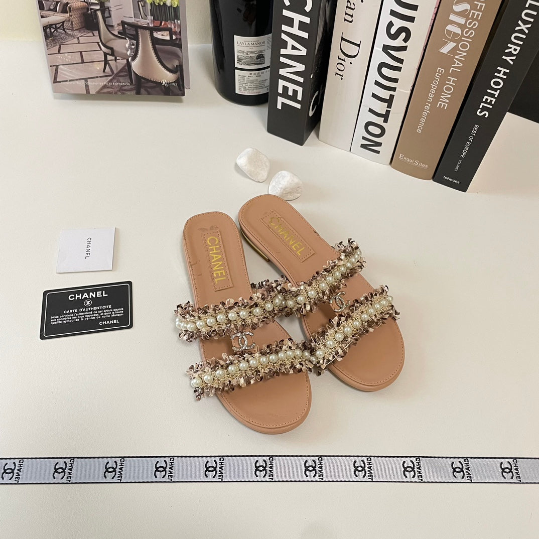 elegant dioruble strap pearl flat slippers elegant dioruble strap pearl flat slippers